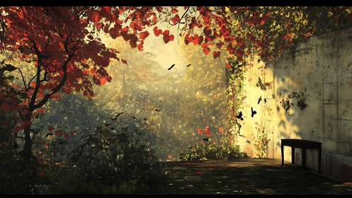 Sunlit garden corner where autumn leaves quietly remember.