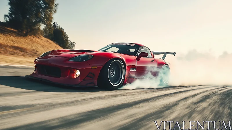 Red drift car slices through smoke on a sunlit racetrack.