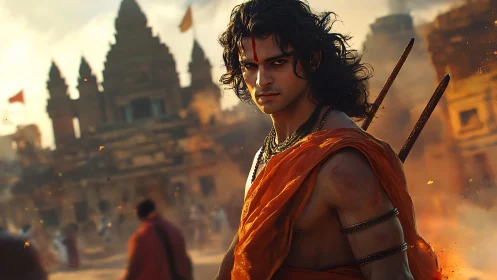 Warrior monk in orange robes before ancient temple city.