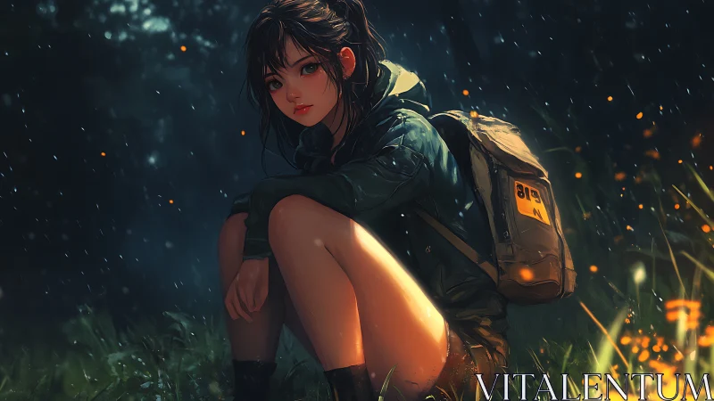 Quiet campfire pause with a thoughtful girl in the rain