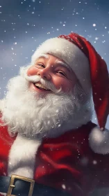 Smiling Santa Claus portrait in snowfall, red suit visible