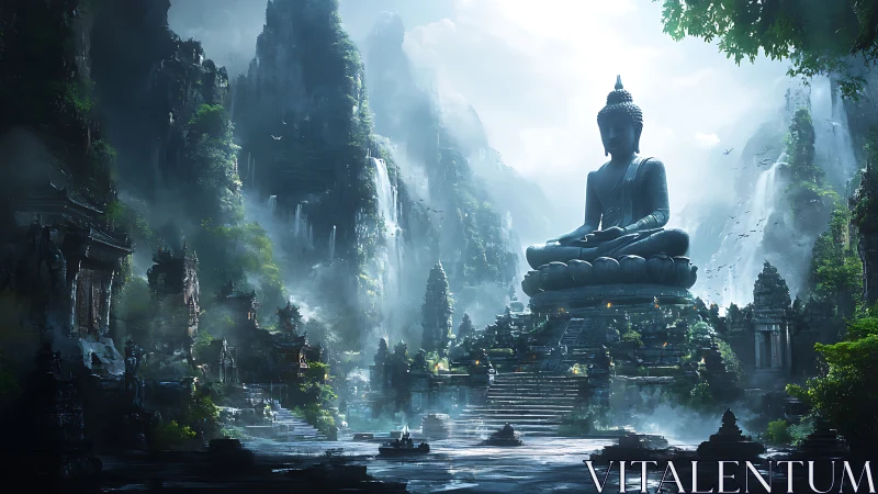 Colossal mountain Buddha overlooks misted waterfall temple