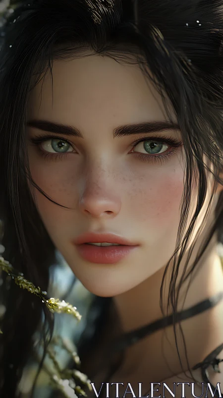 Forest-eyed muse leans into light with softly freckled grace