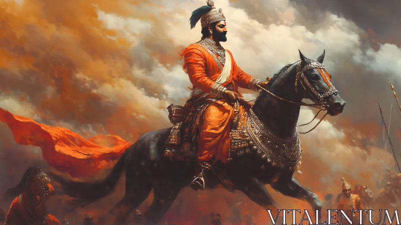 Storm-bright warrior king rides through embers and cloudlight