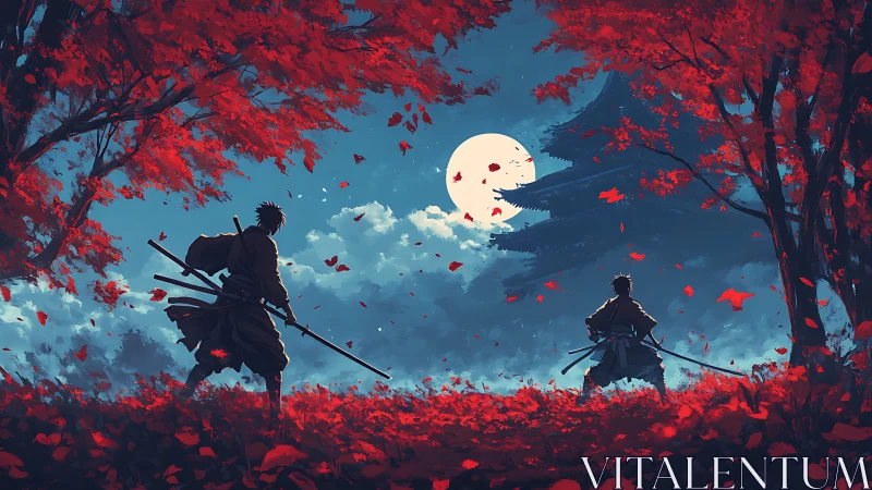 Moonlit samurai standoff amid crimson autumn leaves and lore.