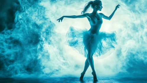 Ethereal ballerina glides through swirling blue stage mist