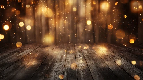 Golden bokeh lights drift above rustic wooden stage floor.