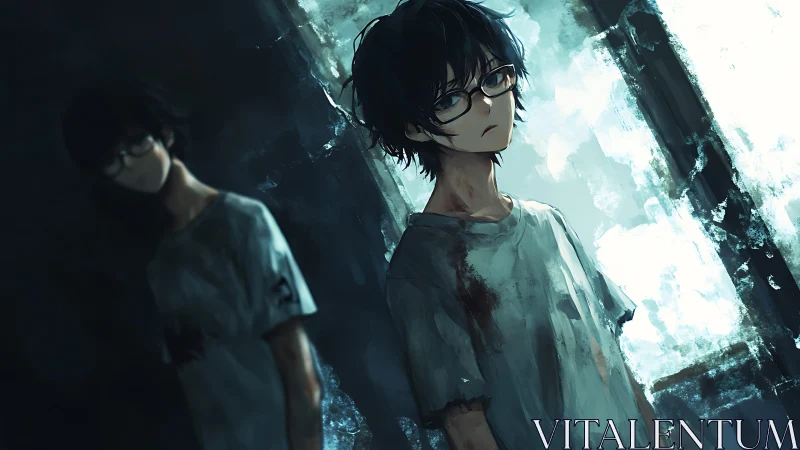 Melancholic boy in dim room with ghostlike reflection.