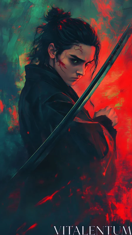 Scarred nightblade poised between ember storm and jade hush.