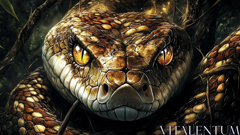 Coiled jungle serpent close-up with molten amber eyes.