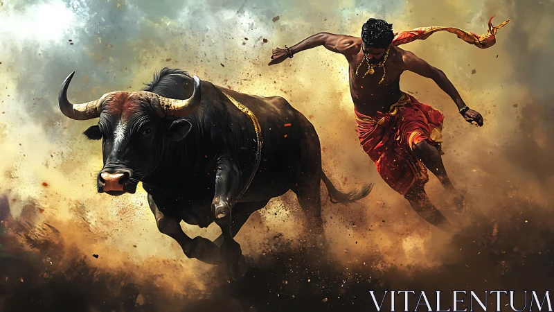 Charging bull and fearless runner burst through swirling dust