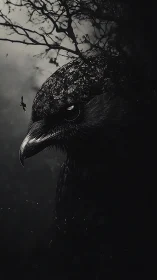 Midnight raven watching quiet skies and whispering woods.