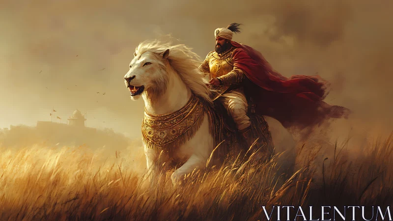 Digital painting of regal warrior on white lion in golden field.