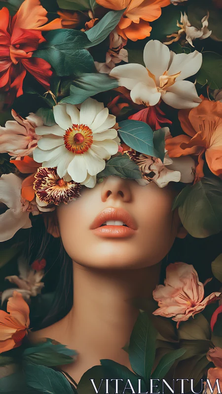 Hyperreal floral occlusion portrait with chromatic skin rendering.
