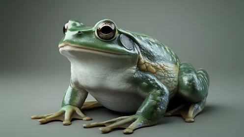 Hyperreal 3D green frog with glossy skin texture study.