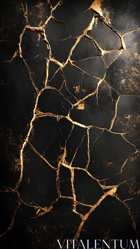 Golden kintsugi cracks illuminate dark textured surface.