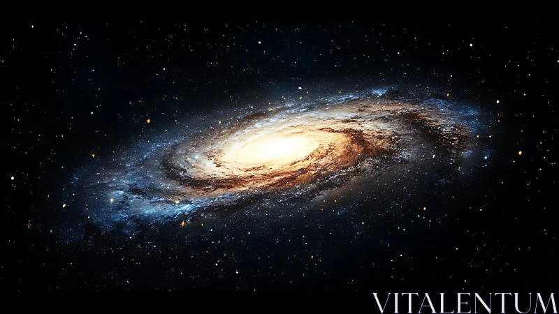 Spiral galaxy glows at center with dense star field around