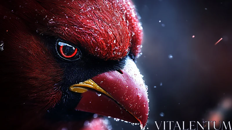 Intense Red Cardinal Close-Up with Water Droplets, Dramatic Lighting.