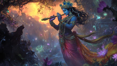 Divine blue flutist in jeweled attire amid luminous forest