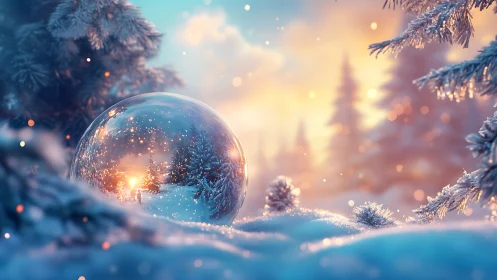 Winter forest orb reflecting snowy sunset landscape.