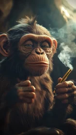 Hyper-detailed chimp portrait with vapor pen and volumetric smoke