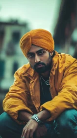 Warm portrait of a thoughtful man in vibrant mustard tones