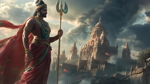 Warrior figure with trident before grand ancient temple city.