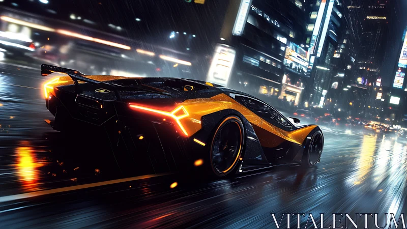 Aerodynamic hypercar accelerates through wet neon cityscape at night