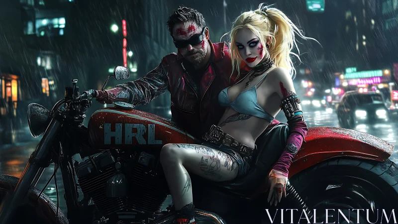 Photorealistic biker duo on red motorcycle in neon rainstorm.