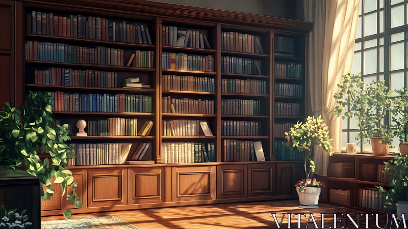 Sunlit botanical library with structured wooden shelving system.
