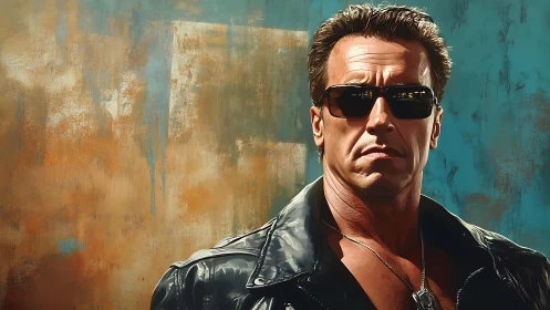 Tough leather jacket portrait against textured wall.