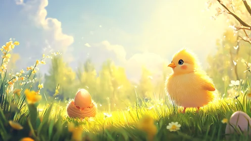 Backlit fluffy chick observes cracked egg in luminous meadow