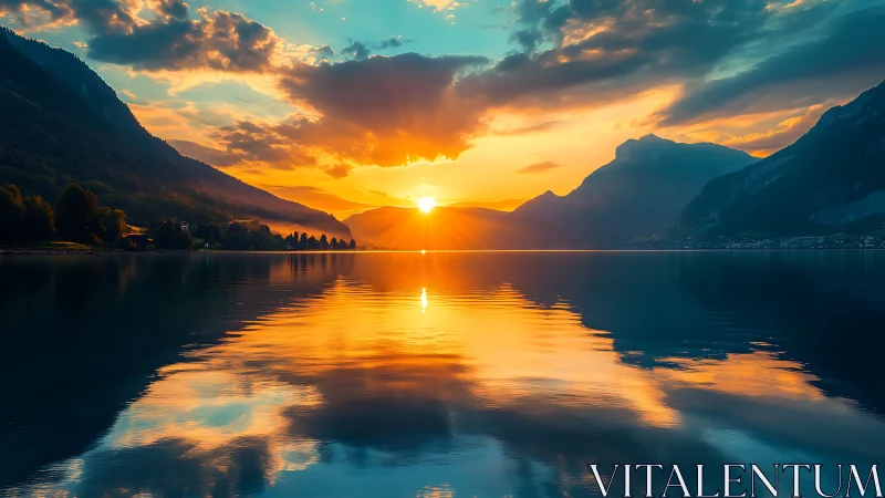 Sunset hush over a glassy lake cradled by mountains.