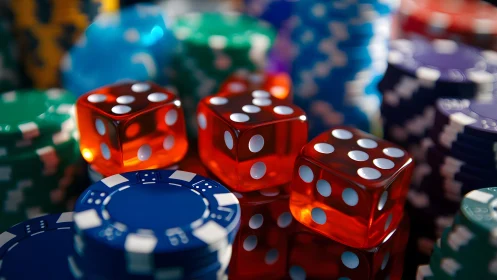 Red dice and colorful casino chips on reflective table surface.