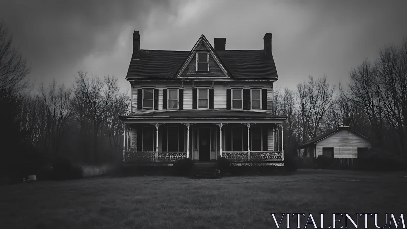 Moody old farmhouse under stormy skies invites curiosity.