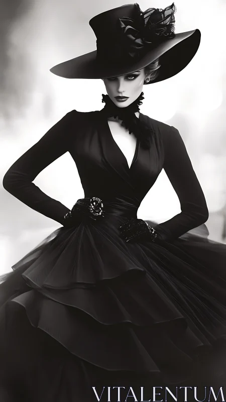 Elegant woman in noir gown and hat commands the scene.