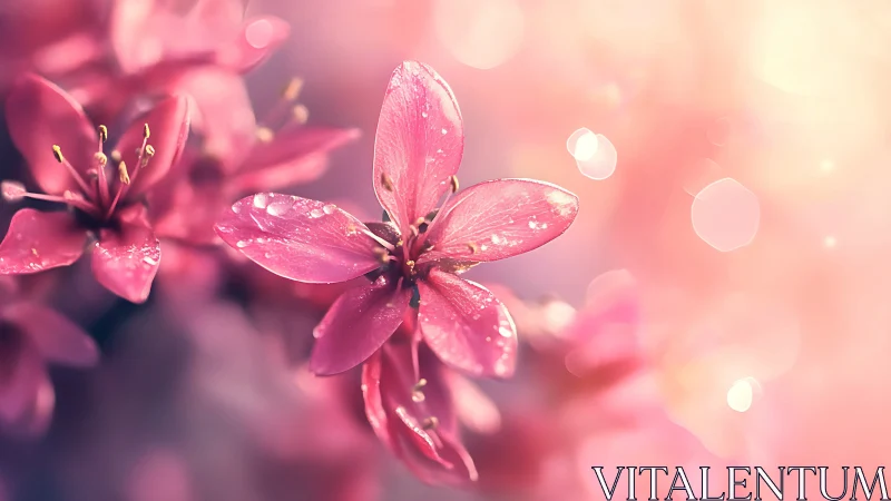Pink Flowers with Water Droplets in Soft Focus.
