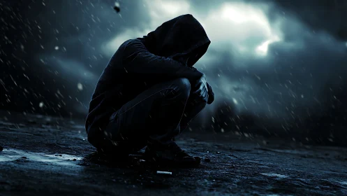 Solitary hooded figure crouched on wet asphalt in storm