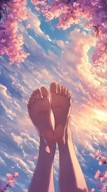Barefoot daydream drifting through cherry blossom skies.