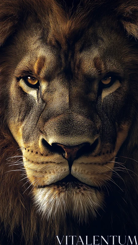 Close frontal view of male lion face in low key lighting.