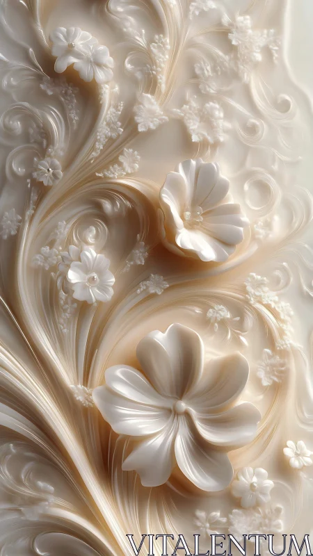Pearlescent floral relief with flowing sculpted petals.