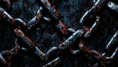 Heavy rusted chains intertwine against a dark metal surface