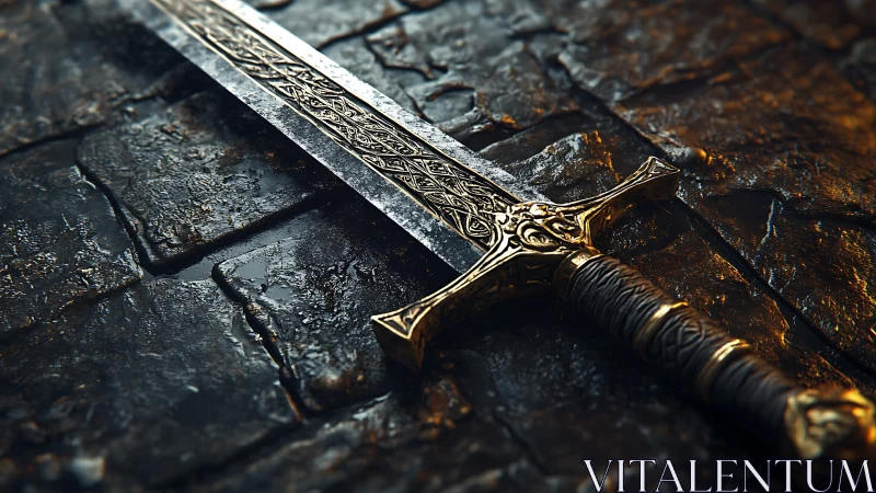 Decorated medieval sword rests on wet stone pavement