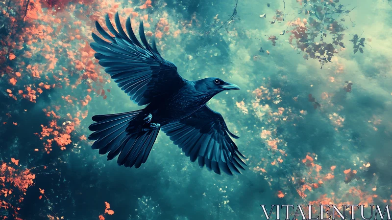 Black bird in mid-flight over teal and orange background.