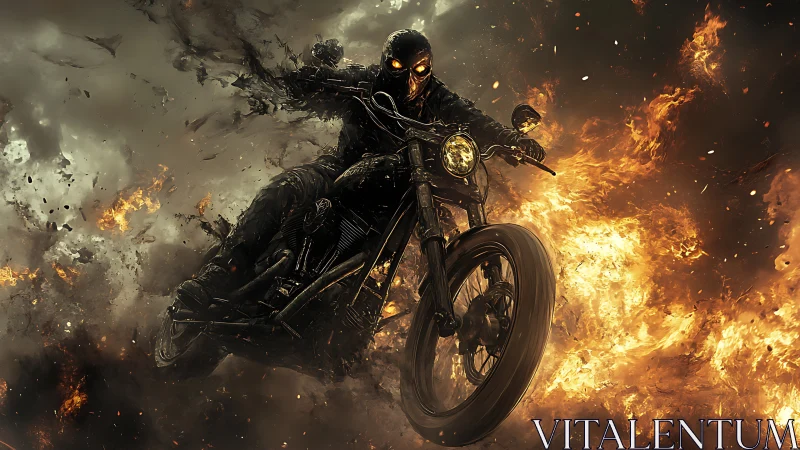 Flaming skeletal rider on vintage motorcycle in explosive inferno