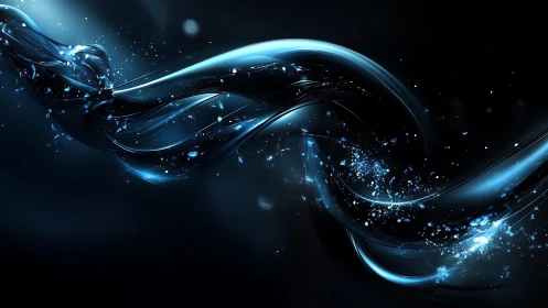 Abstract blue energy waves with sparkles on dark background.