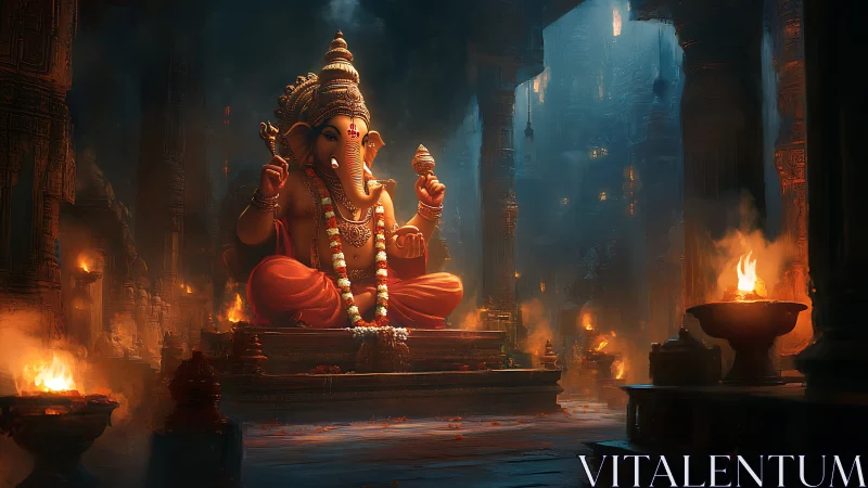 Ganesha statue in lamplit temple hall with soft smoke detail.