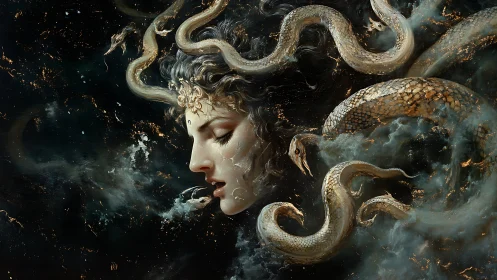 Serpents swirl around a dreaming goddess in starlit clouds