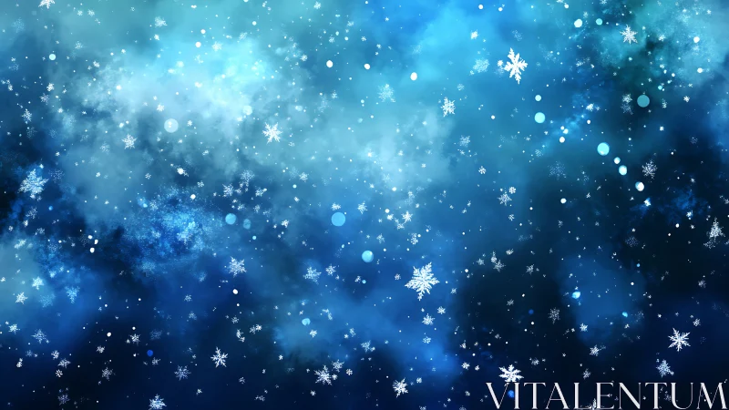 Snowflakes scattering across soft blue winter sky.