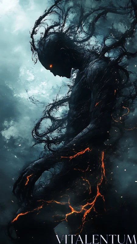 Infernal shadow entity with molten fractures and ember eyes.